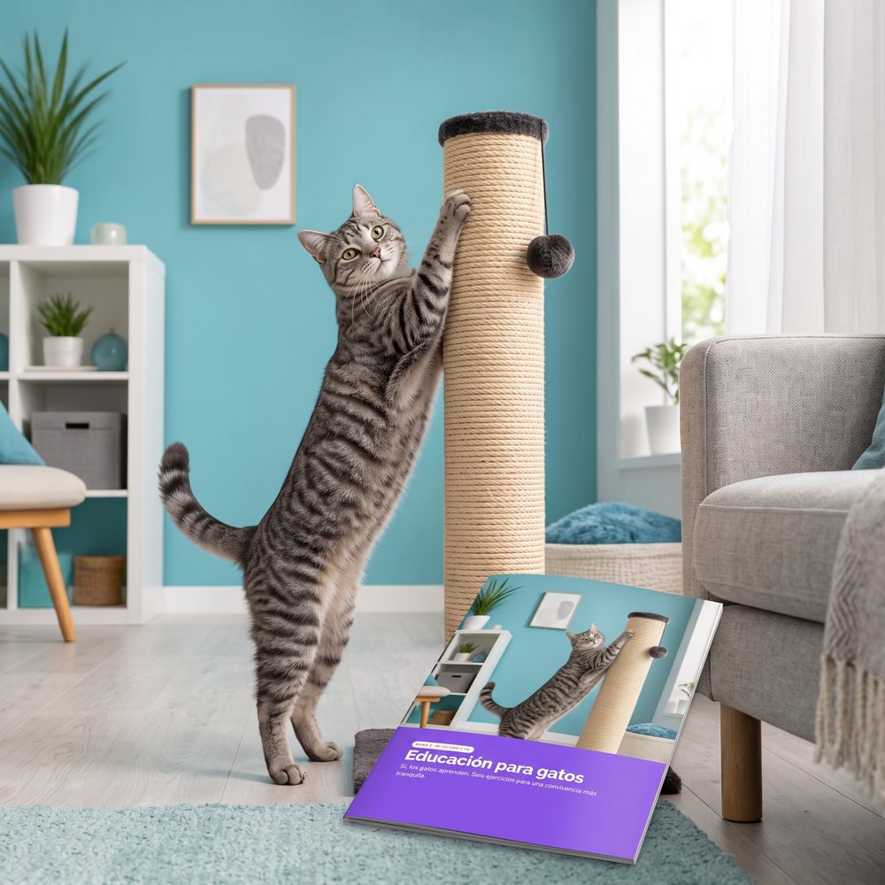 Gato usando un rascador junto al sillón, con el bono de educación para gatos en el suelo